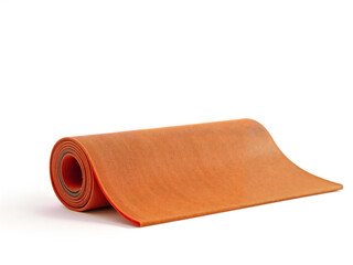 Fototapeta premium Rolled orange yoga mat on white background, ideal for fitness, health, or wellness visuals. Generative AI