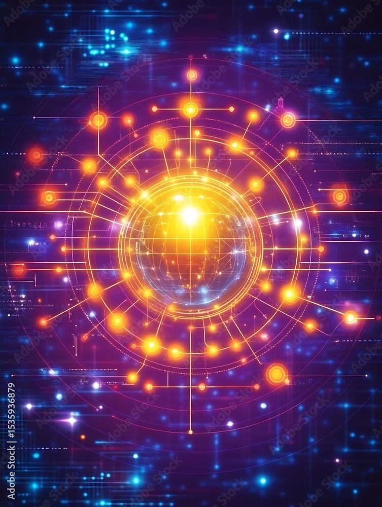 Poster abstract digital network with glowing nodes for interconnected systems