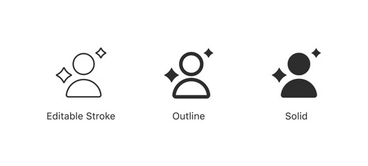 User icon sparkle star symbol | magic, filters, effects sign icons in editable stroke, outline, and solid styles. for social media, photo editing apps, and personalized digital interfaces