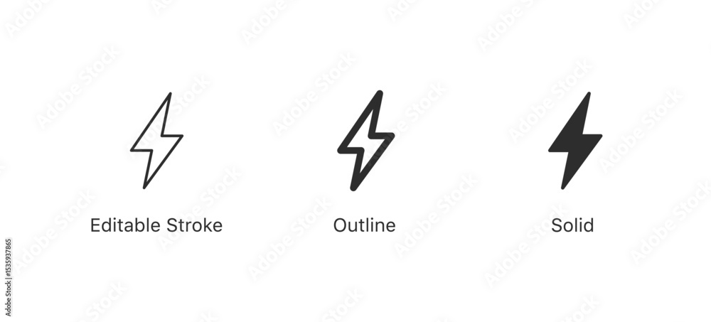 Poster lightning bolt icon, flash thunder icon, energy power icon in editable stroke, outline, and solid st