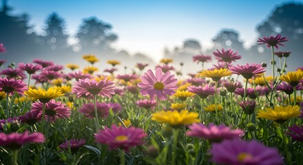 Obraz premium Close-up of colorful flowers blooming in a garden at sunrise, soft natural lighting, fresh morning atmosphere, vibrant petals, delicate textures, peaceful nature scene