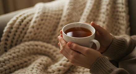 Hands holding a cup of tea, wool blanket in the background, cozy atmosphere, soft natural light, concept of comfort and relaxation