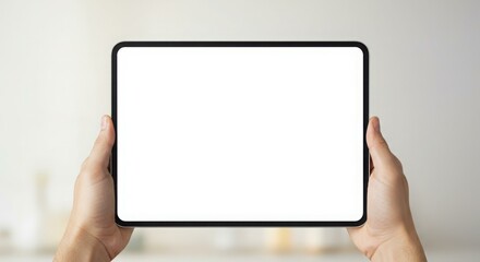 Hands holding a blank tablet screen, showcasing a modern digital device.