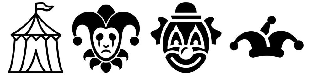 Circus Featuring Tent, Jester Mask, Clown Face and Jester Hat – Carnival, Festival and Entertainment Symbols for Event Branding and Party Décor