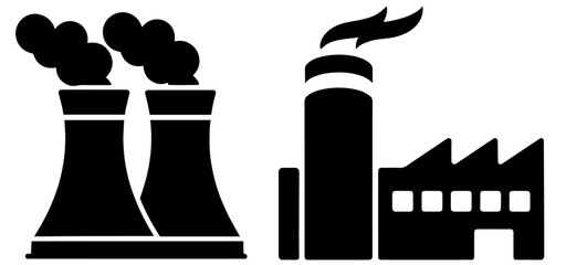 Nuclear and Thermal Power Plant Icon with Smoke – Industrial Energy Production, Electricity Generation, Pollution, Environmental Impact, Atomic and Thermal Power Stations Symbol

