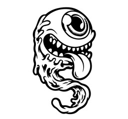 One-Eyed Monster with Big Eye, Sharp Teeth, and Long Tongue. Fantasy Creature, Horror Cartoon Character, Comic Style
