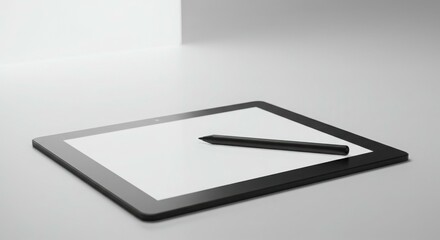 A black tablet computer with a blank screen and a stylus, resting on a light gray surface.