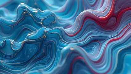 Abstract 3d render of flowing waves in shades of blue and red with metallic accents
