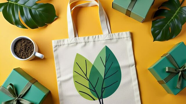 Environmentally Friendly Canvas Tote Bag with a Creative Green Plant Arrangement, Flat Lay View