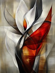 Abstract Floral Artistry with Striking Red Accent and Neutral Palette