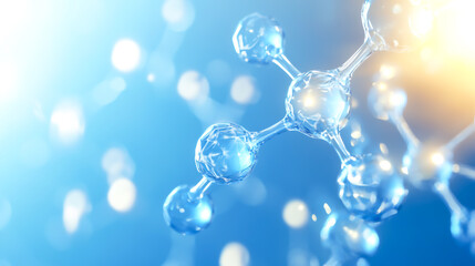 Transparent molecular structure with glowing nodes on a soft blue background. Abstract concept of science