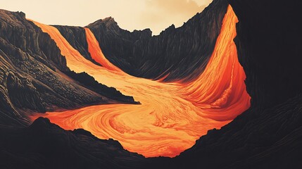 Molten river flowing through a volcanic landscape.