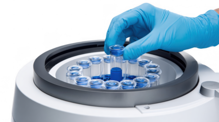 Close up of gloved hand placing a test tube with blue liquid into a laboratory centrifuge, ready for sample preparation and analysis, against a transparent background