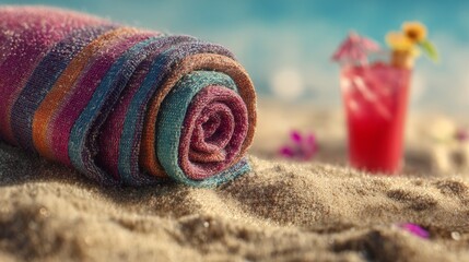 Beach towel and tropical drink on sand