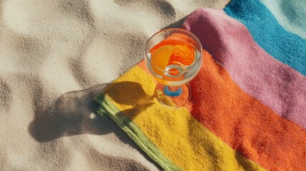 Beach towel and tropical drink on sand