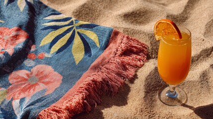 Beach towel and tropical drink on sand
