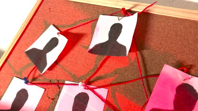 Criminal investigation board with suspect photos connected by red thread on cork background