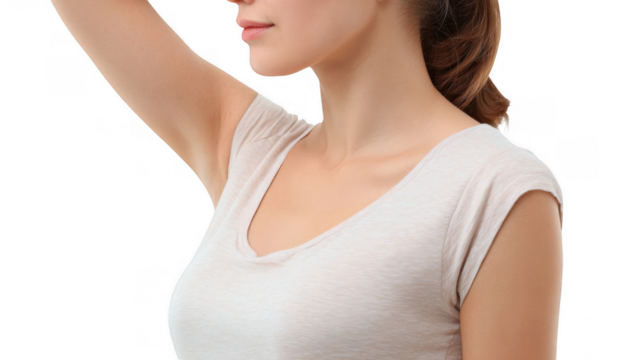 Young woman showing armpit lump, potential symptom of lymphoma or breast cancer, isolated on transparent background, ideal for health, medical, and educational content