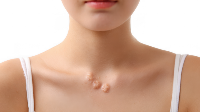 Close up of a woman's chest with visible lumps under the skin, highlighting a potential dermatological issue against a transparent background