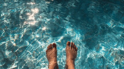 Feet dipping into clear blue swimming pool