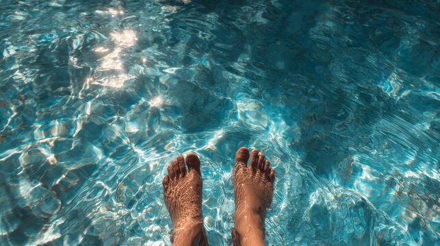 Feet dipping into clear blue swimming pool - Powered by Adobe
