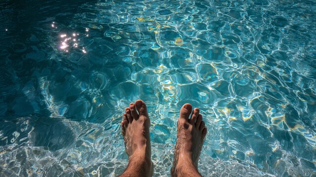 Feet dipping into clear blue swimming pool