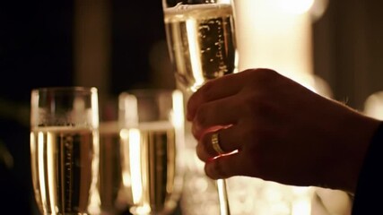 Close up of hand holding a champagne flute with two more flutes - Powered by Adobe