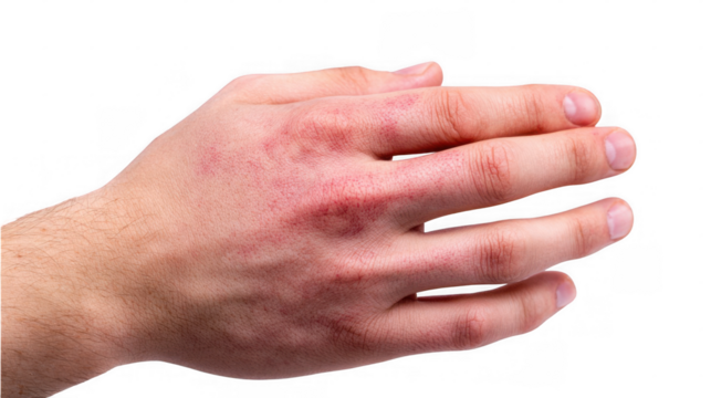 Red rash on a male hand, showing symptoms of contact dermatitis, isolated on transparent background, ideal for medical and healthcare publications