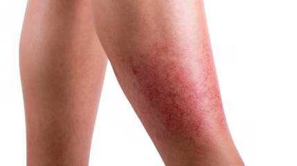 Red rash showing symptoms of cellulitis affecting a woman's leg, isolated on transparent background, ideal for medical and healthcare publications