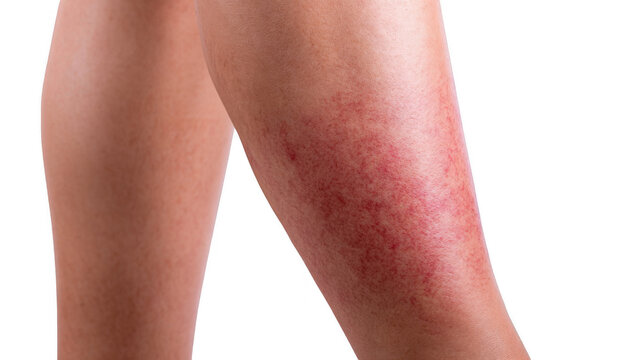 Red rash showing symptoms of cellulitis affecting a woman's leg, isolated on transparent background, ideal for medical and healthcare publications