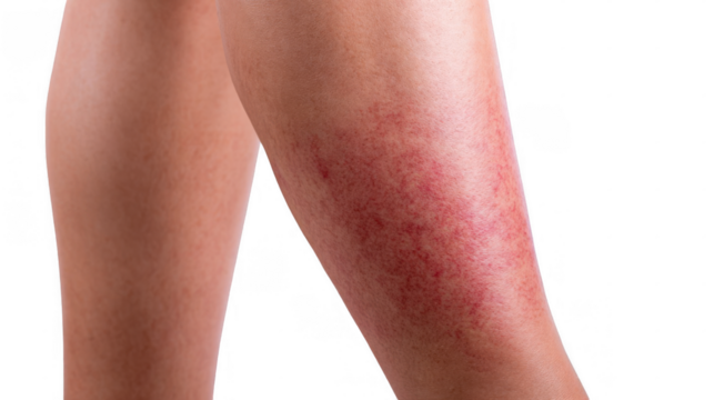 Red rash showing symptoms of cellulitis affecting a woman's leg, isolated on transparent background, ideal for medical and healthcare publications
