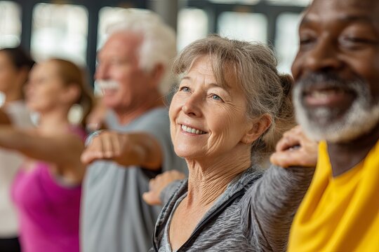 Active Senior Adults Group Fitness Class Healthy Lifestyle Exercise Wellness Stretching Arms Mature People Smiling Happy Healthy Aging Teamwork Cooperation Diverse Group Fitness   