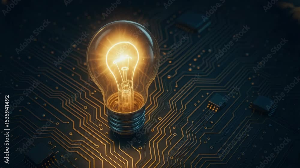 Poster glowing light bulb on circuit board symbolizes innovation and bright ideas in computer engineering a