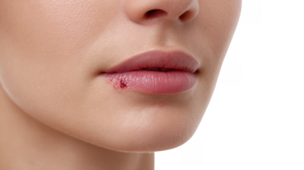 Herpes simplex virus type 1 is causing a painful cold sore on a woman's lip, isolated on a transparent background, ideal for health and medical related projects