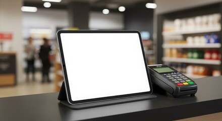 A digital tablet with a blank screen and a payment terminal on a counter.
