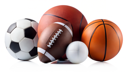 A group of four sports balls on transparent background