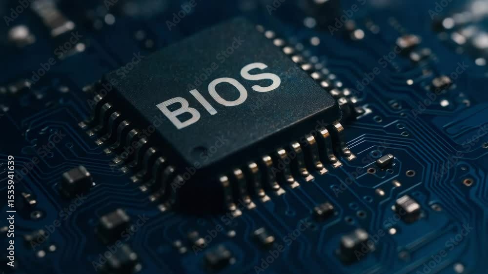 Poster close up of bios chip on computer circuit board highlights engineering behind essential hardware, te
