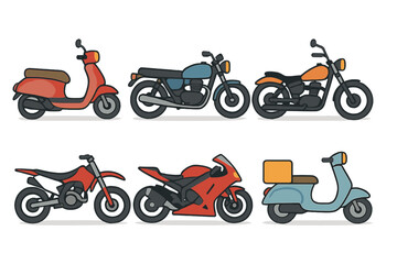 Obraz premium Motorcycles and scooters are illustrated in various forms, including bikes, choppers, motocross, and delivery vehicles, with both retro and modern designs represented as side view vector icons