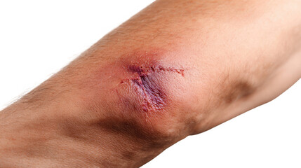 Fototapeta premium Showing a painful injury with a deep bruise and a scar on an elbow, isolated on a transparent background, suitable for medical and healthcare related projects