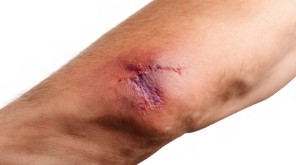 Showing a painful injury with a deep bruise and a scar on an elbow, isolated on a transparent background, suitable for medical and healthcare related projects