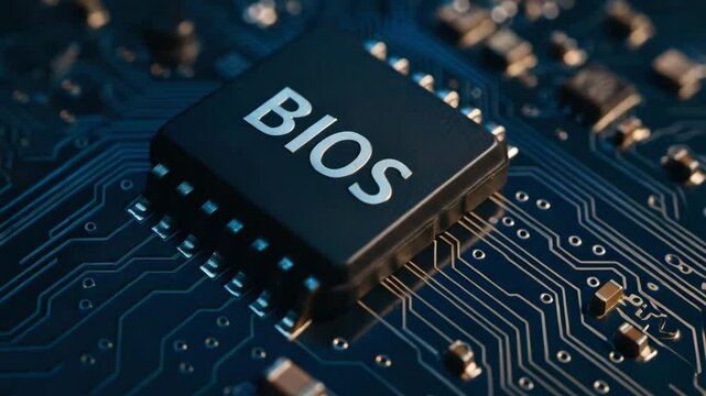 BIOS chip on computer motherboard close up with engineering circuit design and electronic components in modern technology circuit