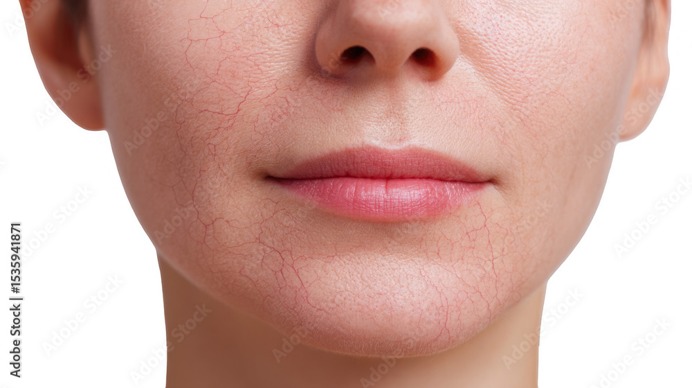 Poster close up of a woman's face highlighting visible broken capillaries under the skin, presented on a tr