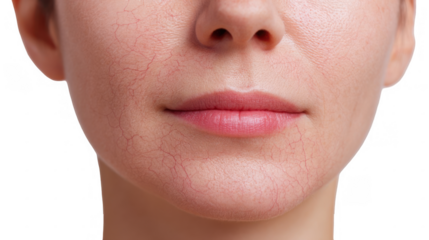 Close up of a woman's face highlighting visible broken capillaries under the skin, presented on a transparent background for easy integration into various projects