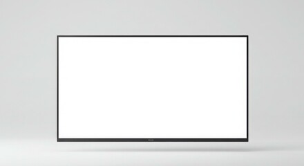 A blank, widescreen television floats against a minimalist grey backdrop.