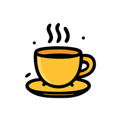 Stylized illustration of a yellow cup with steam rising, sitting on a matching saucer.
