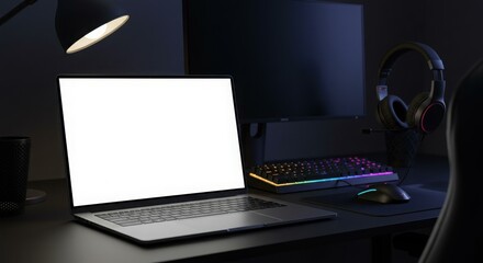 Laptop with blank screen on dark desk at night, accompanied by gaming peripherals.