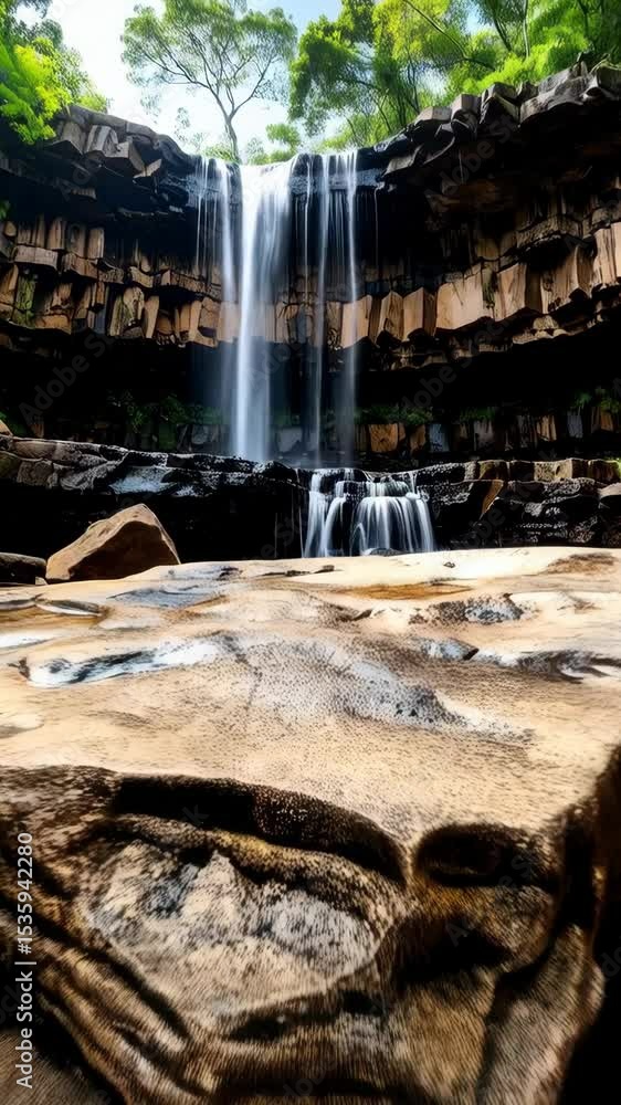 Poster waterfall cascading down a rocky cliff into a tranquil pool with a large rock in the foreground, sur