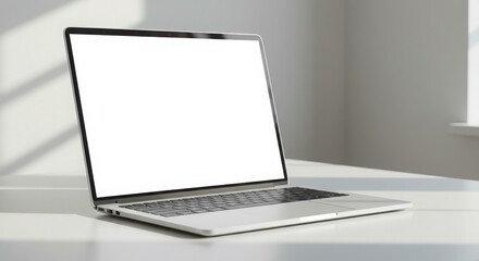 Fototapeta premium Sleek silver laptop with blank screen sits on a minimalist white table, bathed in sunlight.