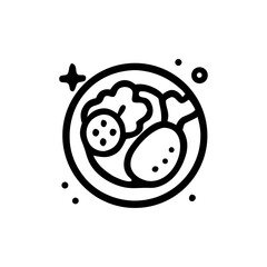 Line art illustration of a plate with food, including salad, sausage slices, and a potato.