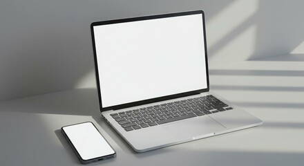 A modern laptop and smartphone with blank screens sit on a light-colored surface.